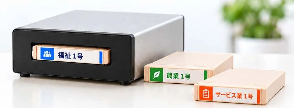カセットガジェット本体と業務別カセット（福祉・農業・サービス業）